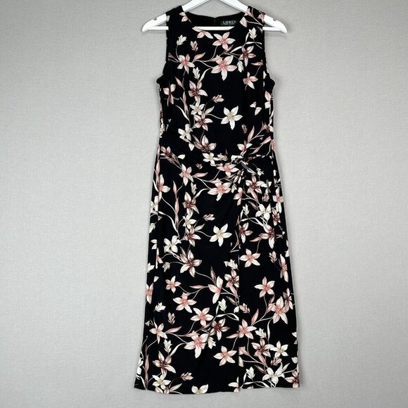 Lauren Ralph Lauren Dresses & Skirts - Lauren Ralph Lauren Womens Dress 8 Black Floral Midi Jersey Knot Mock Wrap Work